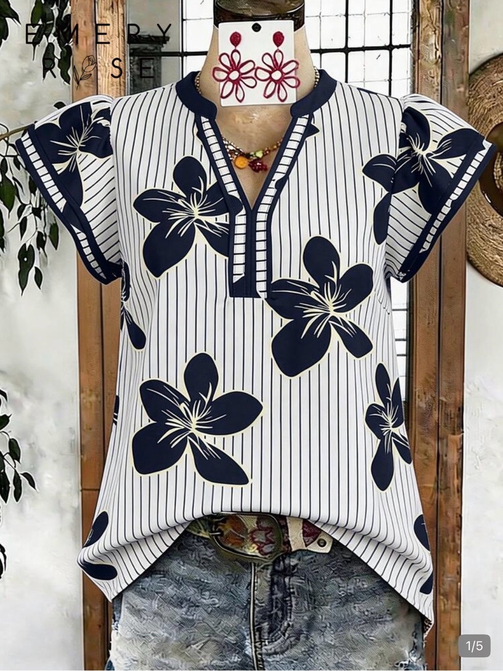 SHEIN Navy & White Floral Stripe V-Neck Blouse